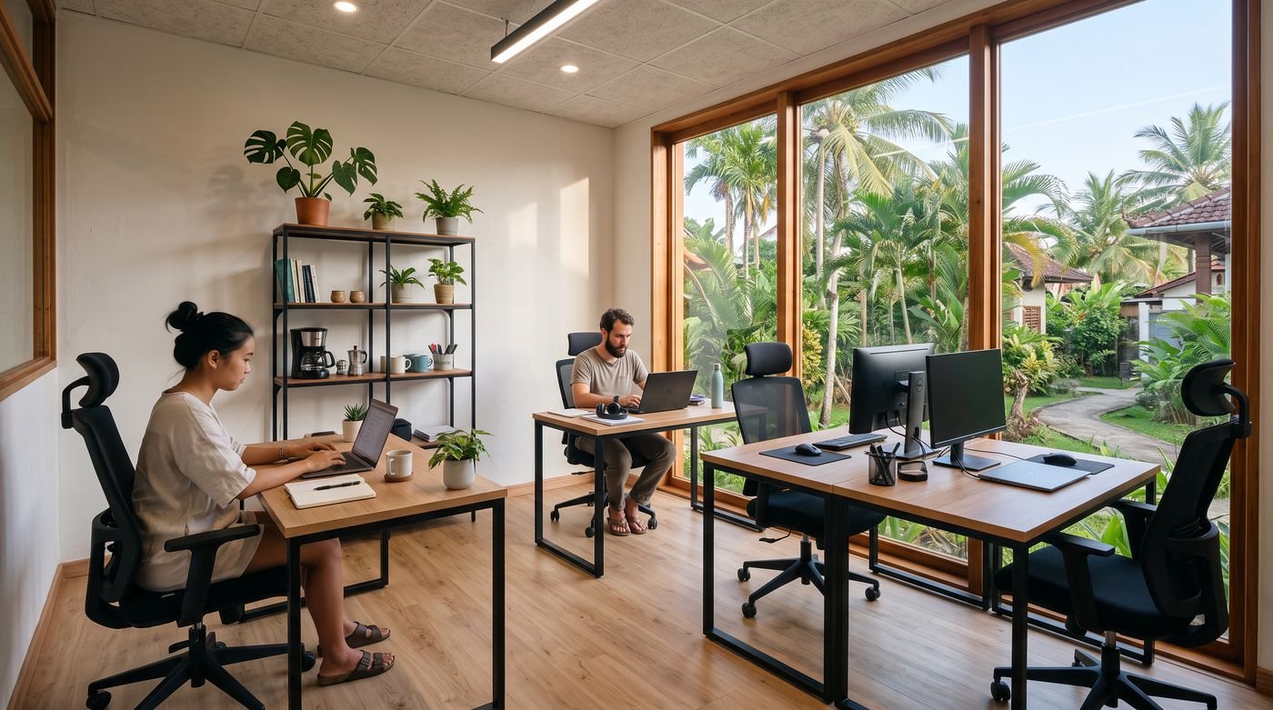 Espaço de coworking luminoso de frente para as palmeiras