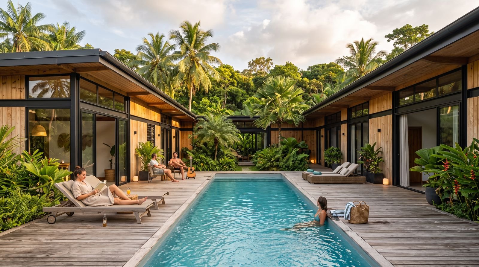 Pátio com piscina e deck de madeira cercado de vegetação tropical