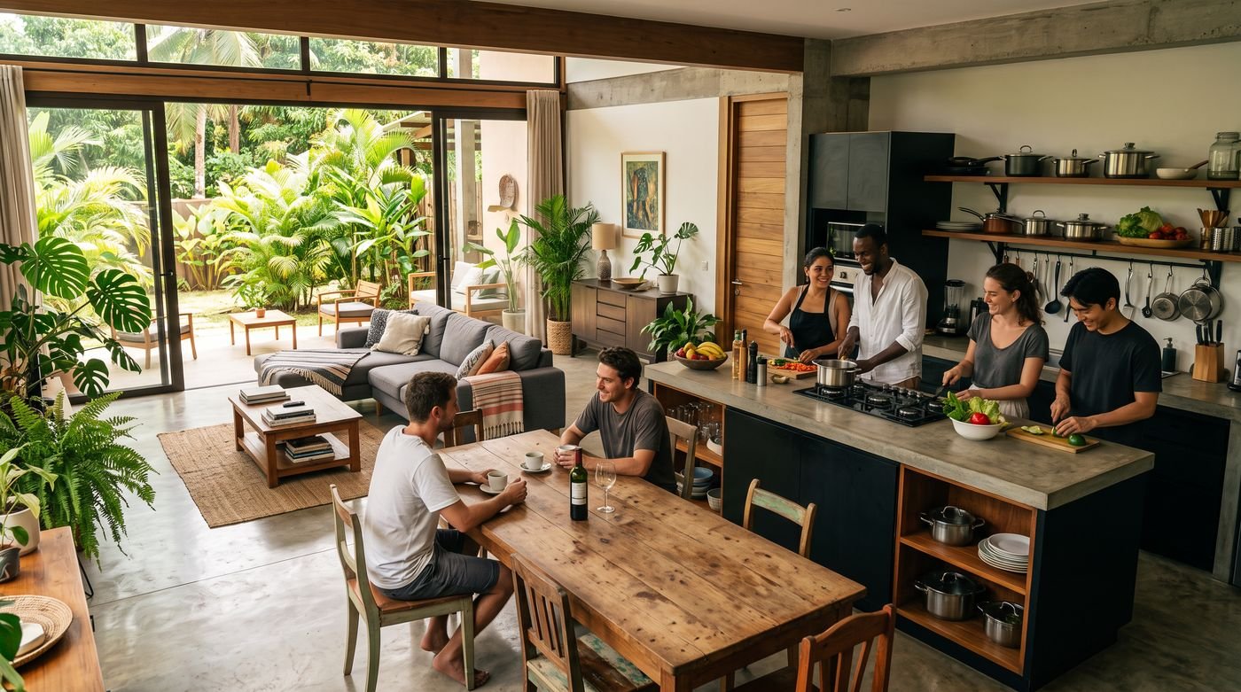 Sala e cozinha partilhadas abertas para um pátio tropical