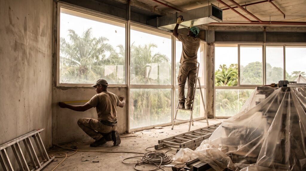 Deux ouvriers mesurent un mur dans un local commercial en rénovation à Cayenne