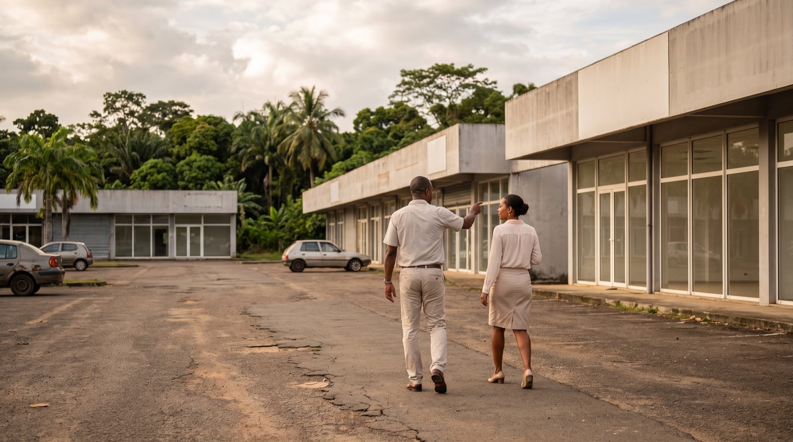 Deux personnes marchent dans une zone commerciale de Cayenne, devant des locaux vides, avec la forêt en arrière-plan